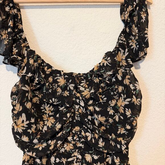 Floret Studios Black Floral Ruched Ruffle Short Sleeve Midi Dress Womens Size XL - Picture 3 of 7